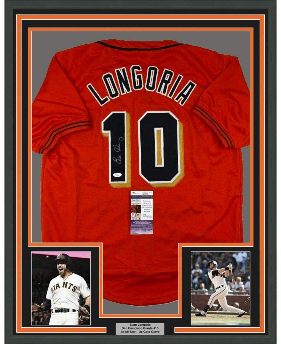 Camiseta de béisbol naranja de San Francisco, enmarcada, autografiada y firmada por Evan Longoria, 35 x 39, JSA COA