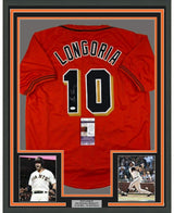 Camiseta de béisbol naranja de San Francisco, enmarcada, autografiada y firmada por Evan Longoria, 35 x 39, JSA COA