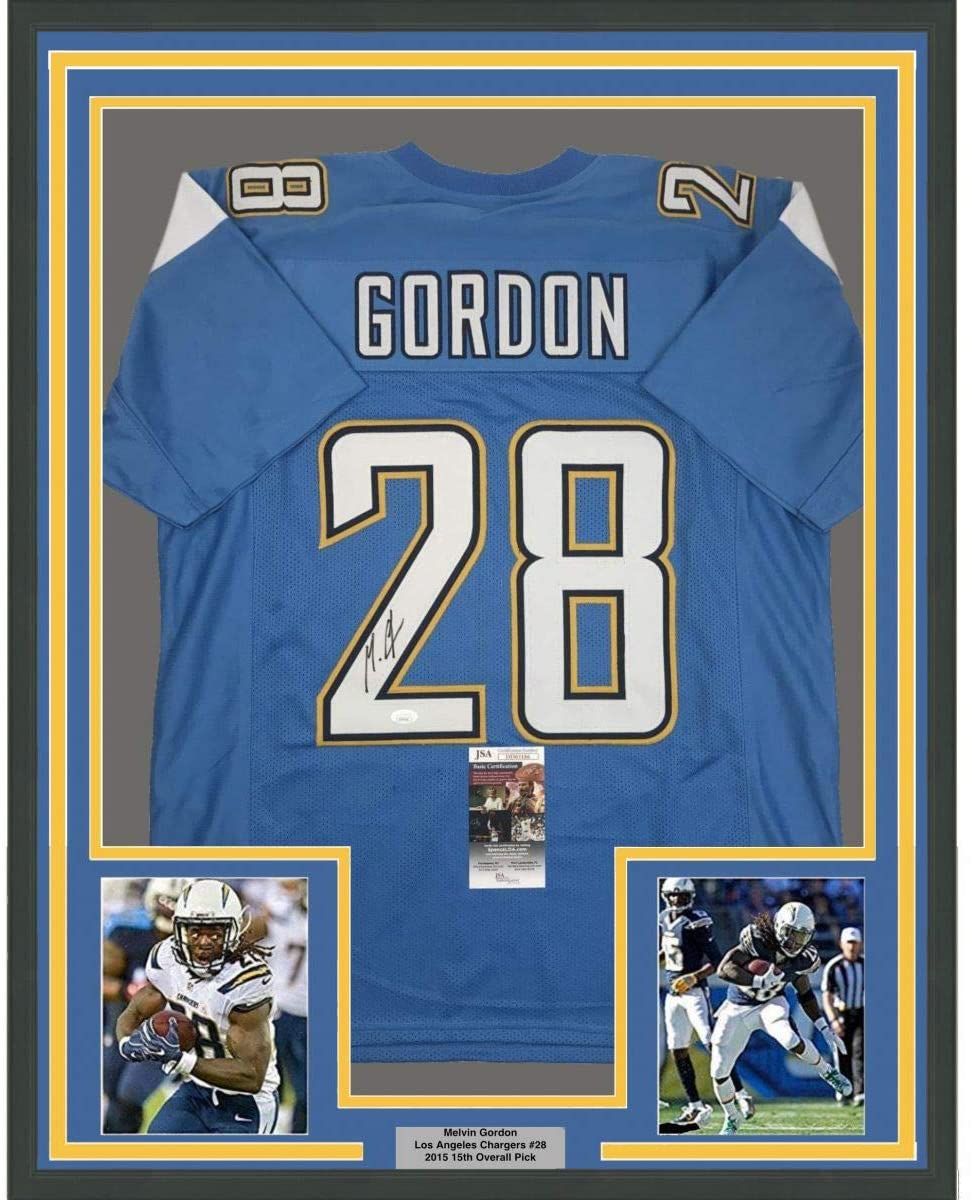 Camiseta de fútbol azul claro de Los Ángeles LA enmarcada y firmada por Melvin Gordon, 35 x 39, JSA COA
