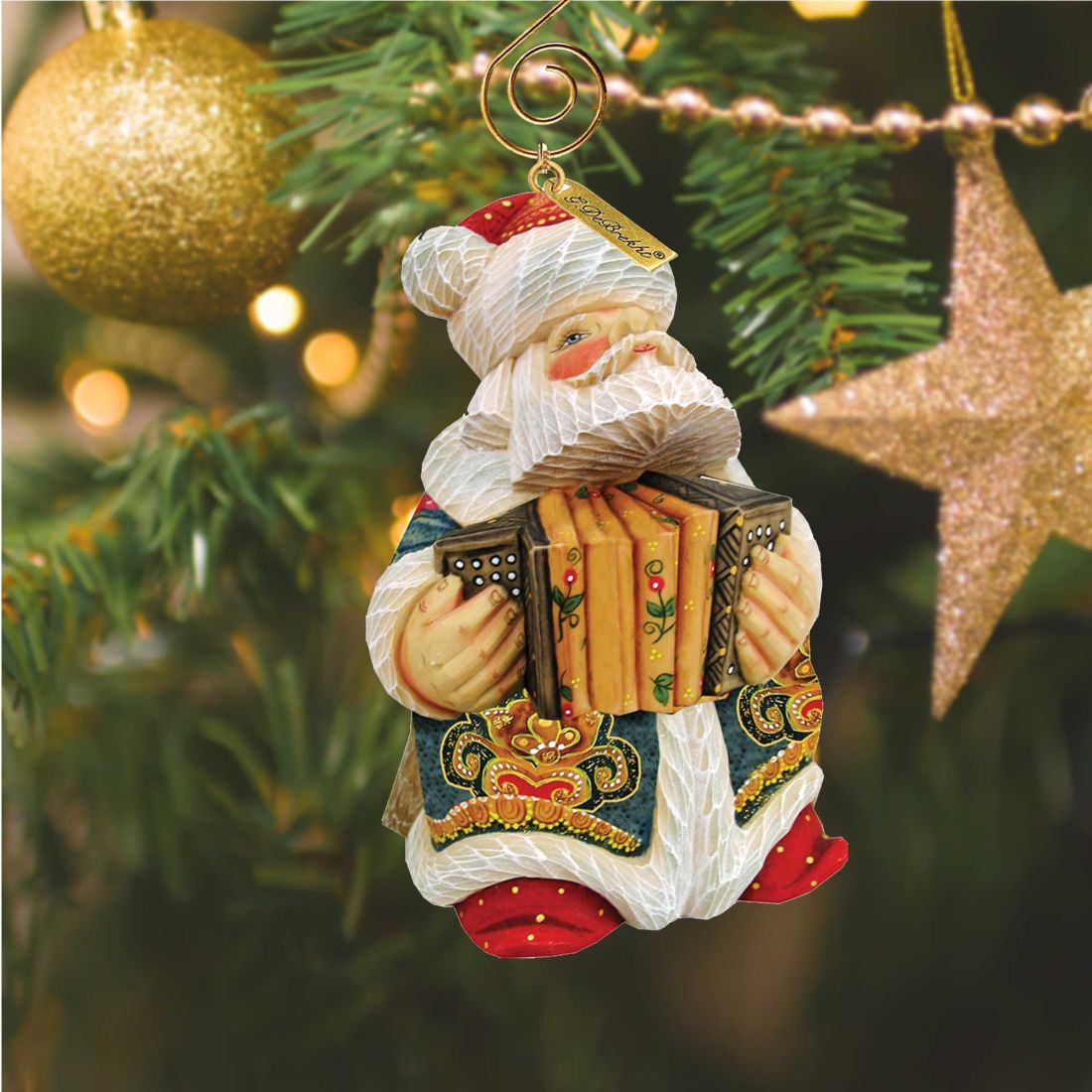 Figura navideña de Papá Noel en acordeón, esculpida y pintada a mano por G. Debrekht - Decoración de muñeco de nieve