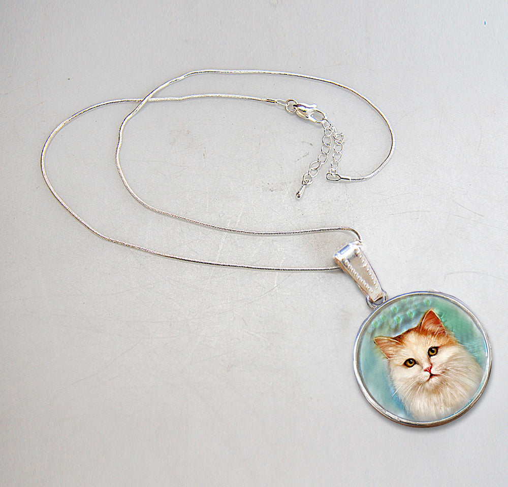 Collar con colgante de nácar bañado en plata de gato atigrado - 44015