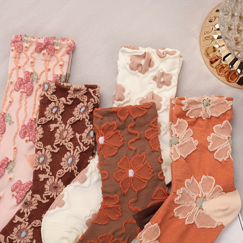 5 pares de calcetines con estampado floral, cómodos y transpirables, de tubo medio, para mujer.