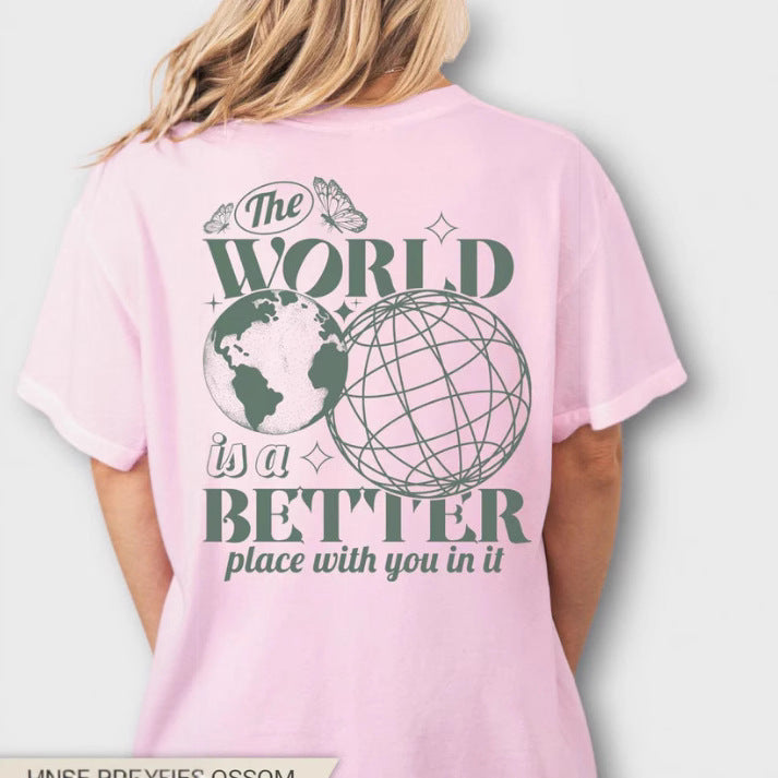 Letter 2D Printed Starry Sky Earth Cotton T-Shirt