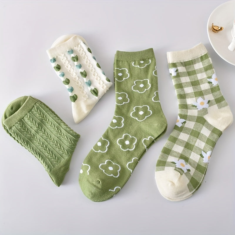 5 paires de chaussettes à imprimé floral, chaussettes mi-hautes douces et confortables, bas et collants pour femmes