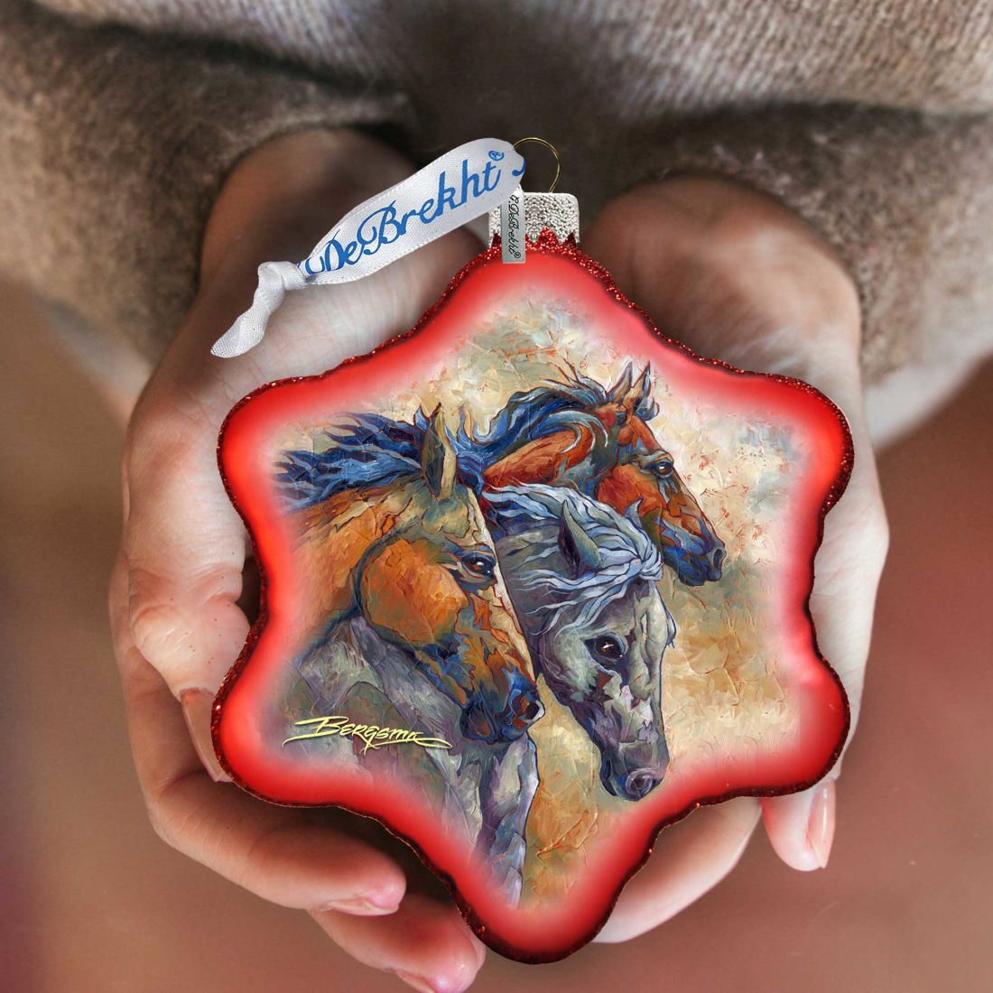 Adorno de cristal "Déjenlos correr" con cabezas de caballo de J. Bergsma - Decoración navideña con temática de vida silvestre - 754-259-JB