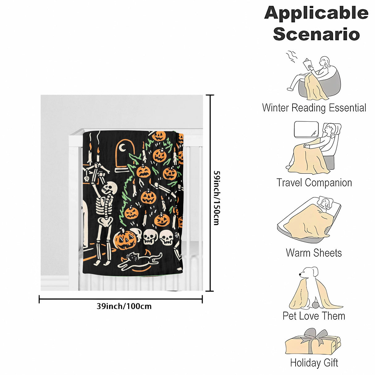 Couverture d'Halloween en flanelle polaire avec motif tête de mort et citrouille, pour femme et homme, légère et moelleuse, idéale pour la chambre ou le canapé, noire
