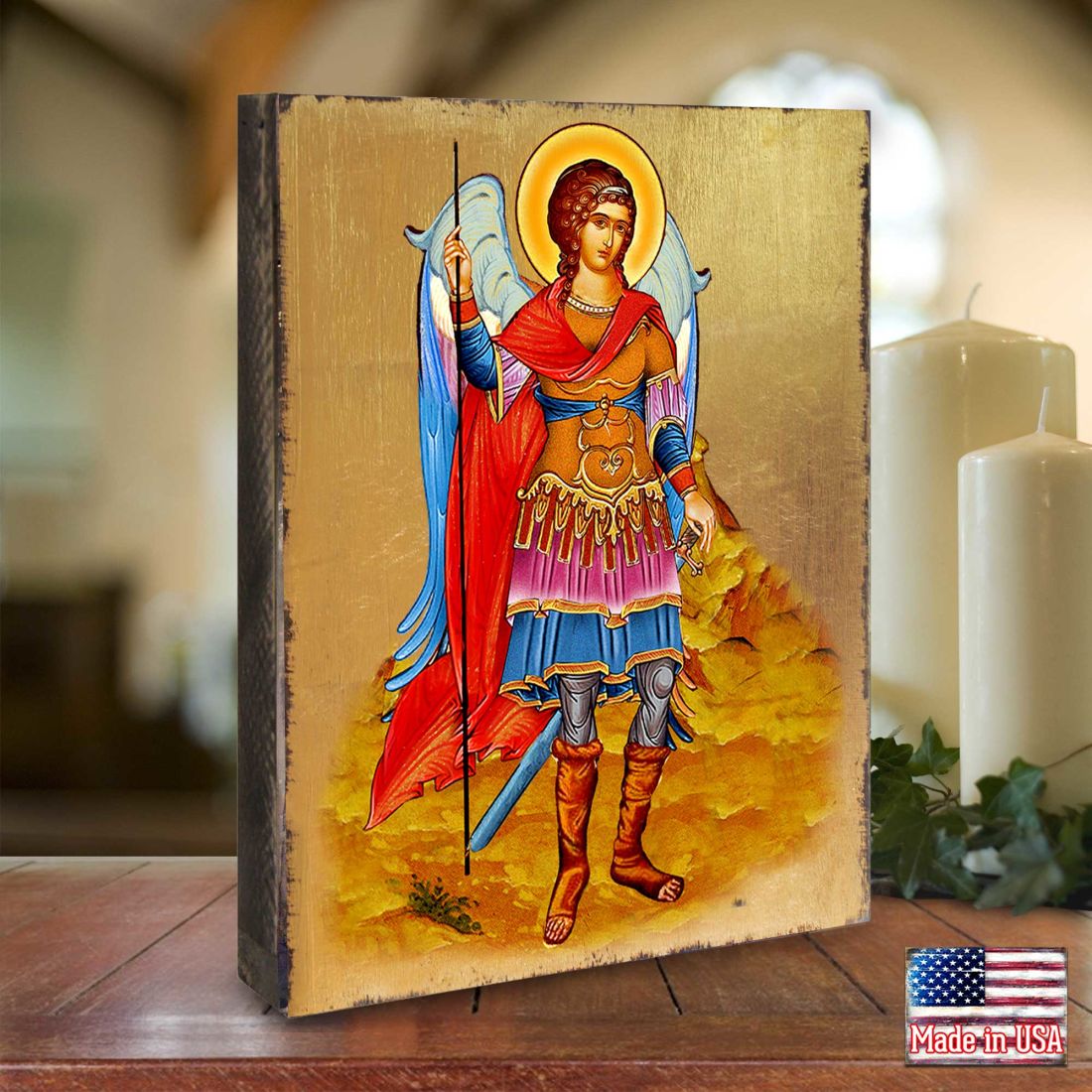 Icono religioso cristiano sagrado de madera bañado en oro de San Miguel Arcángel - Decoración inspiradora - 85022