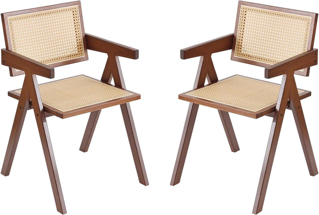 Rattan Dining Chairs Set of 2, Mid Century Modern Armchairs, Wooden Kitchen Chairs for Dining Room, Living Room, Walnut-0