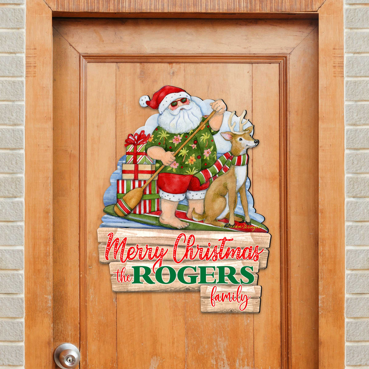 Christmas Decoration Personalized Holiday Welcome Sign with Last Name Santa Door Hanger by Susan Winget - Handmade Gift - 8471114HC-SW
