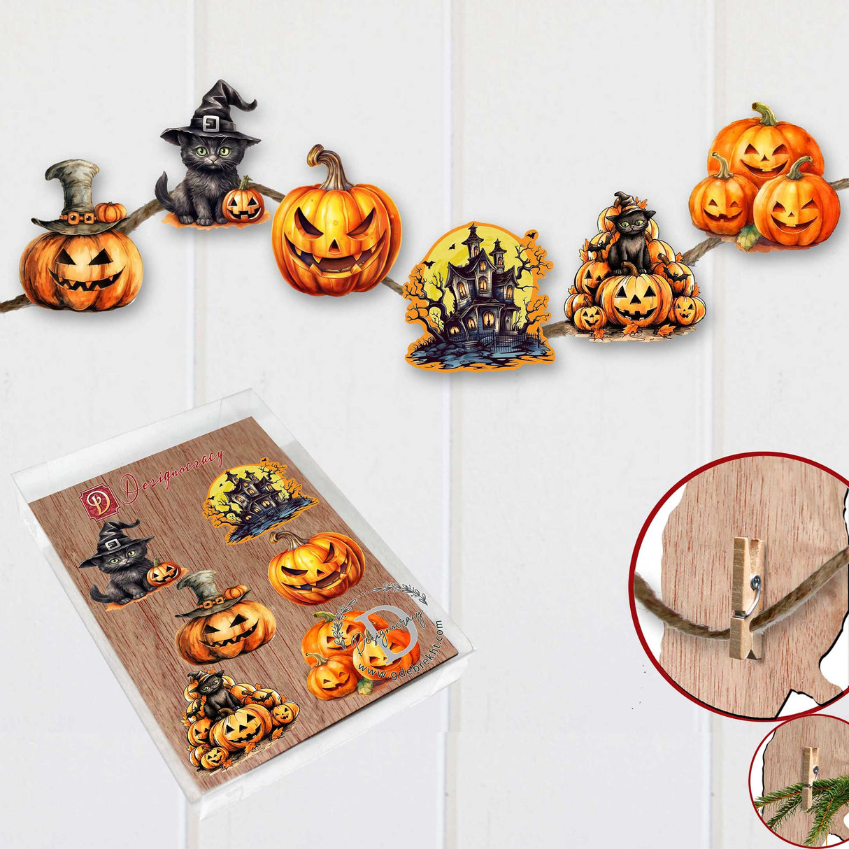 Calabazas espeluznantes, adornos decorativos de madera con clip (6 unidades), de G. Debrekht - Decoración de Halloween - 8090019C-S6