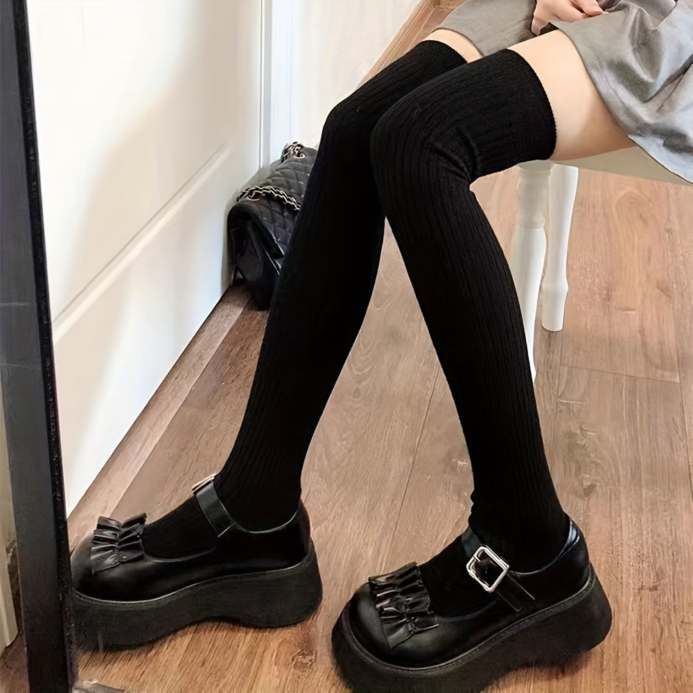 Calcetines de canalé lisos por encima de la rodilla para mujer, cómodos y cálidos, gruesos y hasta el muslo.