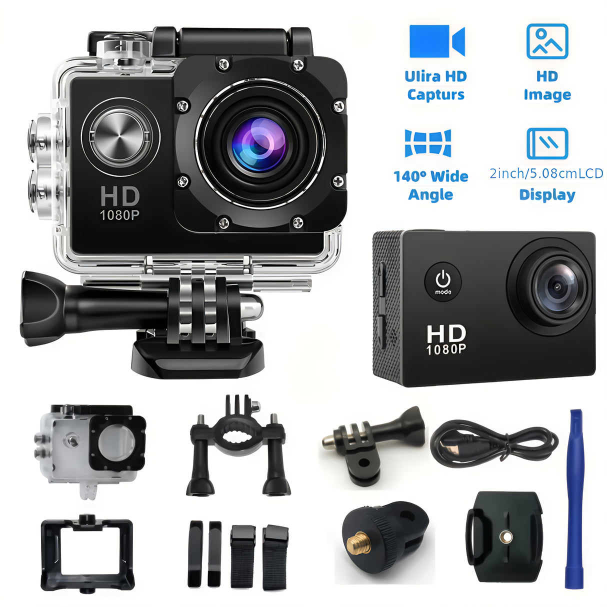 Caméra d'action HD 1080p avec objectif ultra grand angle 140°, exposition automatique, stabilisation numérique, effet fisheye, batterie rechargeable, stockage sur carte SD, format vidéo MP4 pour les prises de vue sportives en extérieur
