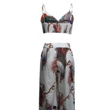 Women's Feather Printed Black Vacation Sexy Strap Pants Set - Lootquake