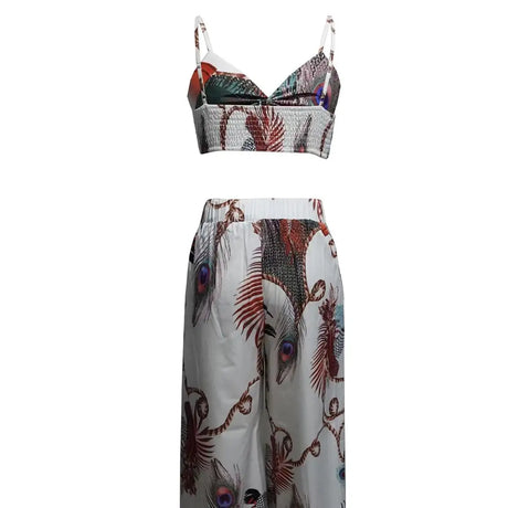 Women's Feather Printed Black Vacation Sexy Strap Pants Set - Lootquake