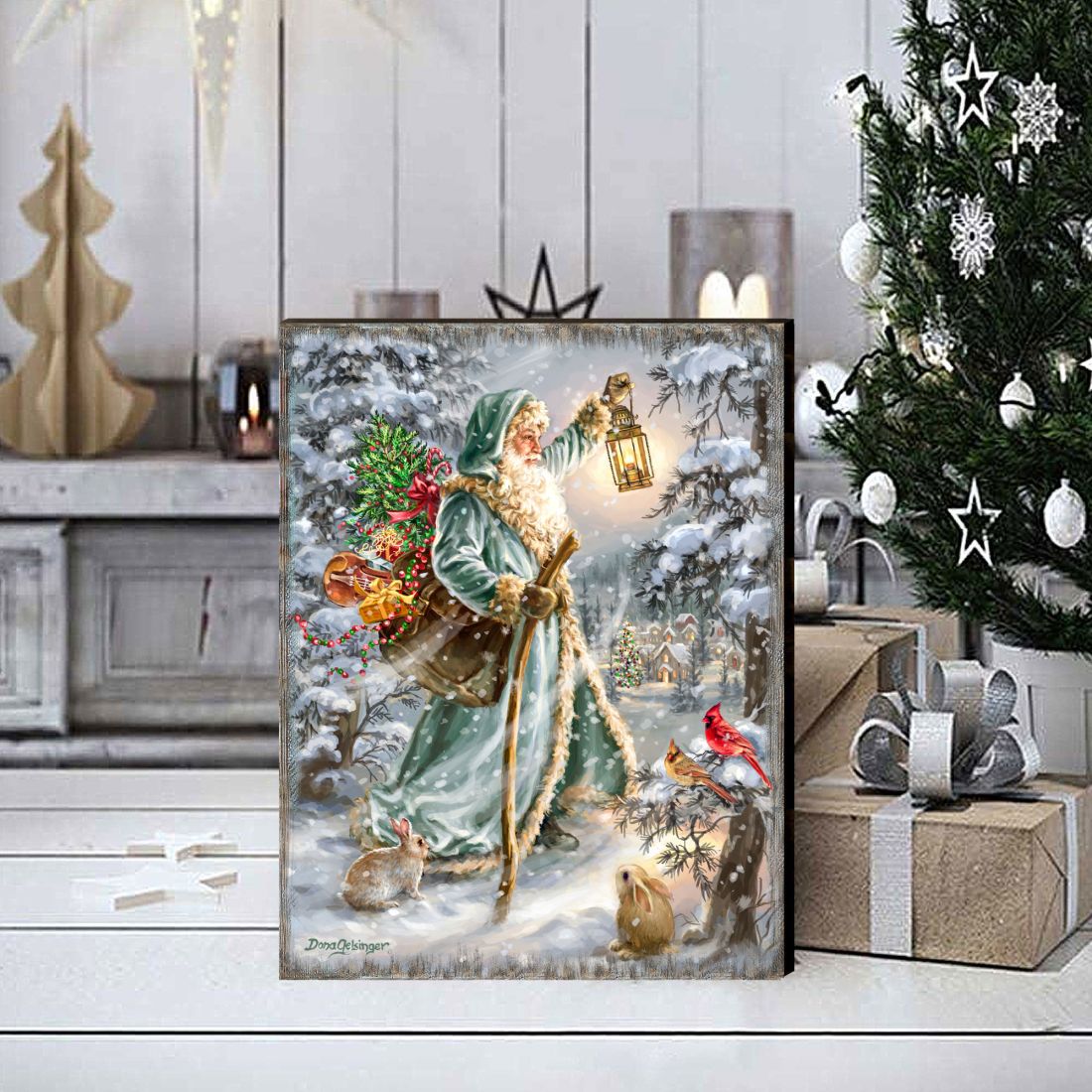 Arte mural de madera de San Nicolás de D. Gelsinger - Decoración navideña de Papá Noel y muñeco de nieve - 95679B-DG