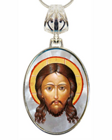 Collar de nácar bañado en plata con el Icono del Santo Rostro - 43018
