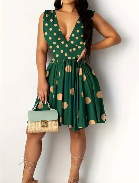 Ladies' V-neck Polka Dot Printed Fashionable Dress - Lootquake