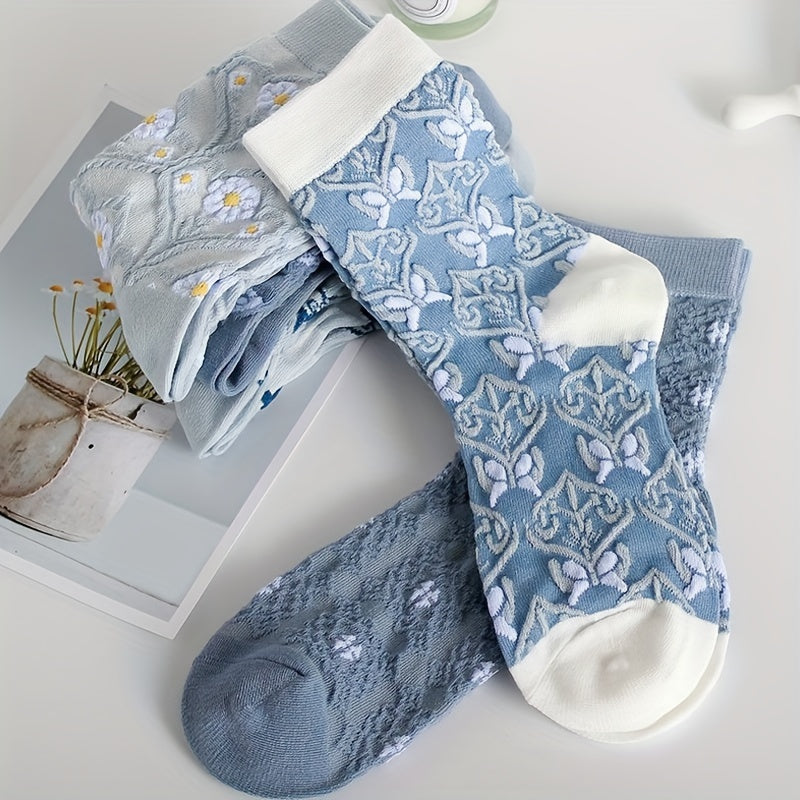 5 calcetines de punto cómodos con estampado de flores de dibujos animados, transpirables y suaves para exteriores.