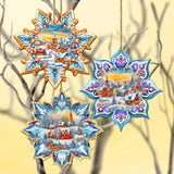 Winter Village Snowflake Wooden Ornaments Set of 3 by G. Debrekht - Christmas Decor - 8090146-S3
