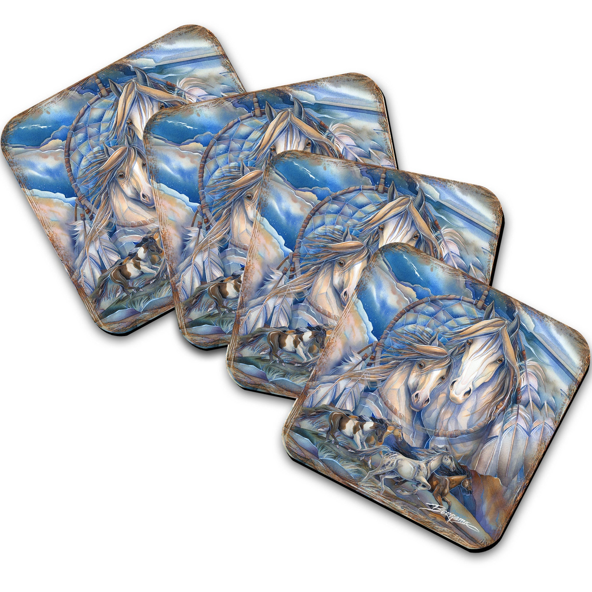 Mustangs Dream Catcher Wooden Cork Coasters Gift Set of 4 by J. Bergsma - Wildlife Decor  - 8199469C-S4