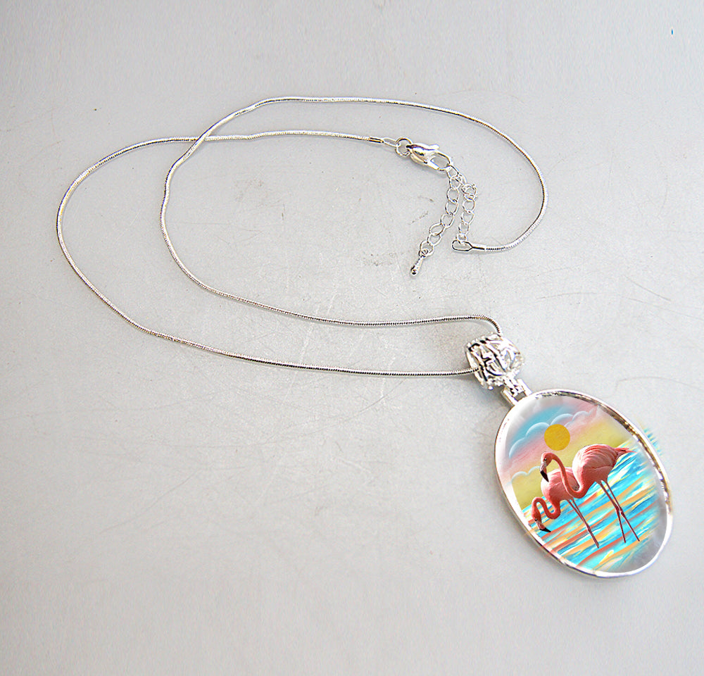 Flamingos Silver Plated Mother of Pearl Jewelry Pendant Necklace Coastal - 44046