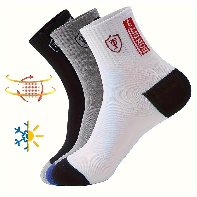 5/10 Pairs of Men's Color Block Crew Socks - Warm, Thermal, Breathable, Comfy, Casual, Unisex, Outdoor, Winter, Fall Wearing Essentials