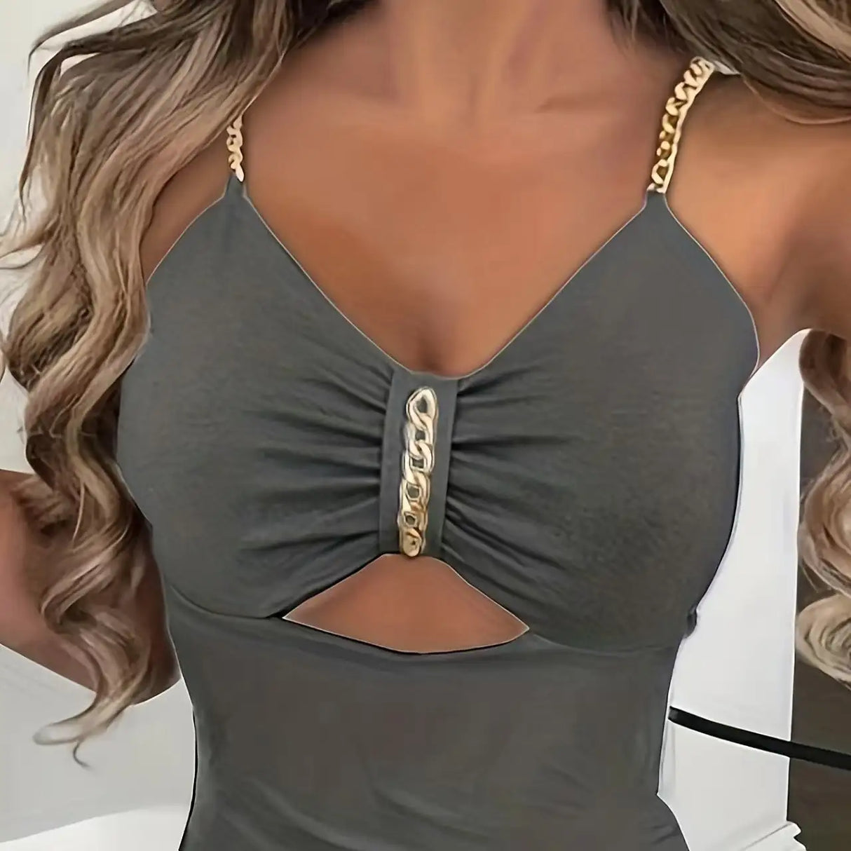 Women's Solid Color New Fashionable Metal Chain Hollow Chest Pleat Details Slit Design Sense Long Sexy Style Dress - Lootquake
