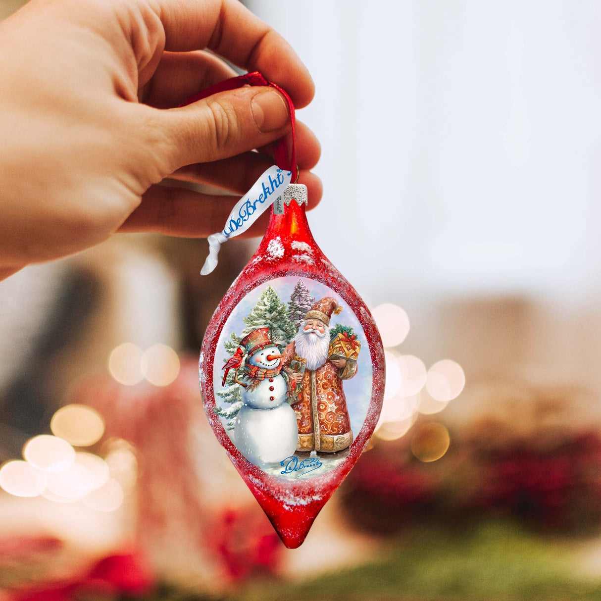 Adorno de cristal con forma de gota de amigos invernales de G. Debrekht - Decoración navideña de Papá Noel y muñeco de nieve - 757-049