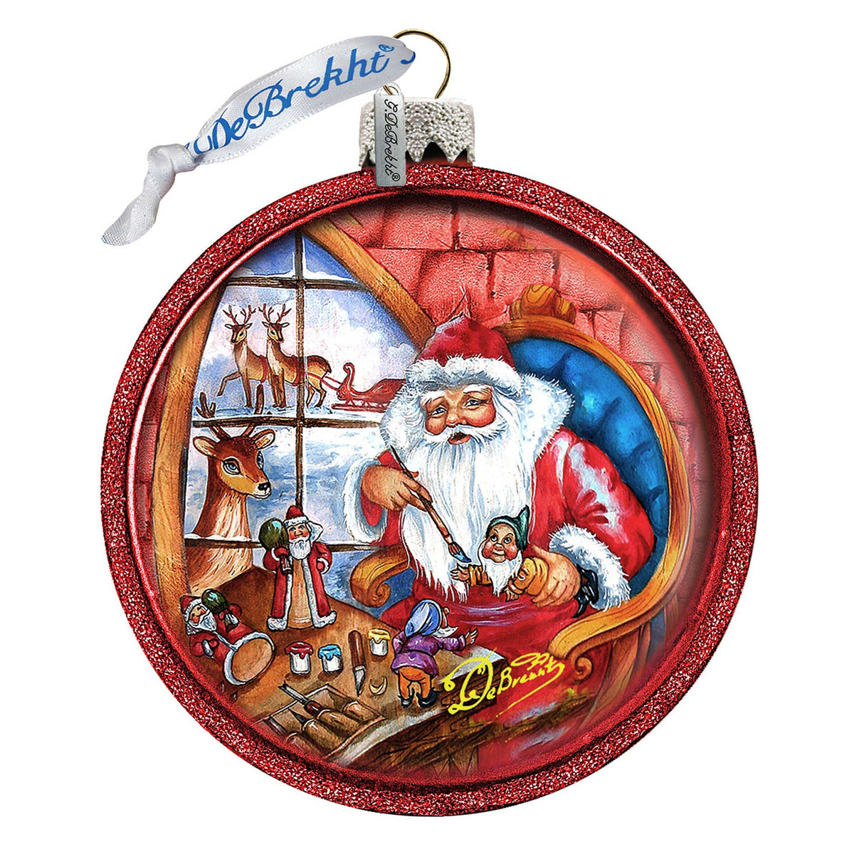 Santa Workshop Glass Ornament by G. DeBrekht - Christmas Santa Snowman Decor - 73611C