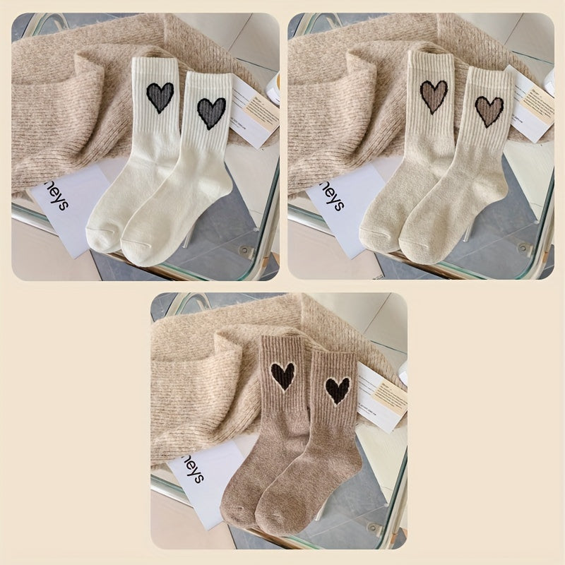 Lot de 3/5 paires de chaussettes côtelées à motif cœur, chaussettes mi-hautes confortables et douces, bas et collants pour femmes