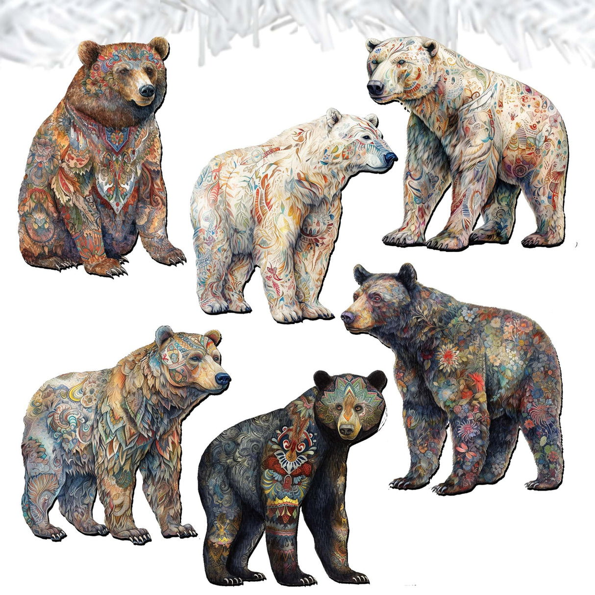 Bear Parade Decorative Wooden Clip-on Ornaments Set of 6 by G. Debrekht - Wildlife Decor - 8090106C-S6