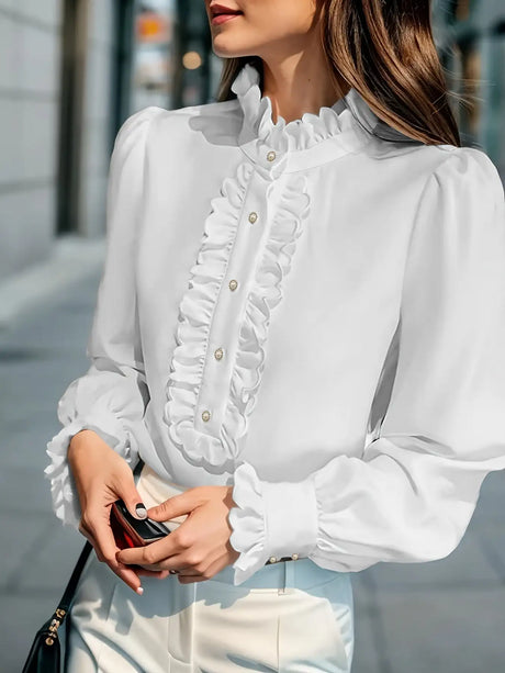 Fashionable Stand-up Collar Long-sleeved Shirt With Lotus Leaf Hem - Lootquake