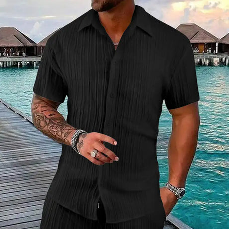 Polo Collar Solid Color Short Sleeve Button Men's Casual Loose Short Sleeves Shirt - Lootquake