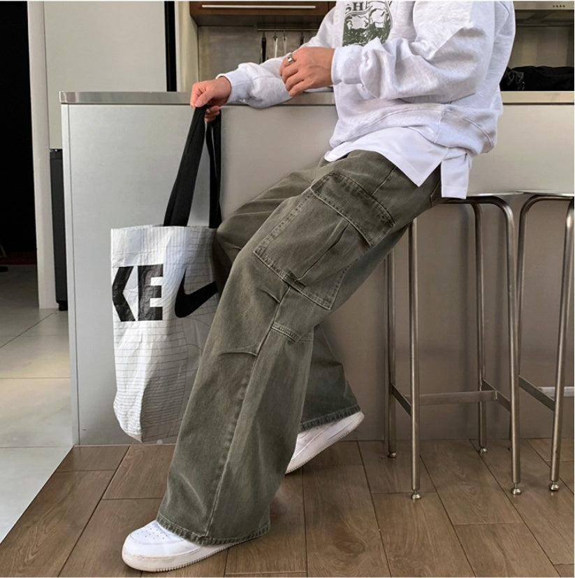 Cargo Jeans Washed-out Vintage Large Pocket Straight-leg Pants - Lootquake