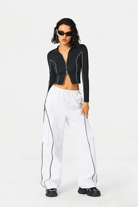 2023 Women's Contrasting Color Line Standing Collar Wears Knitted Shirts - Lootquake