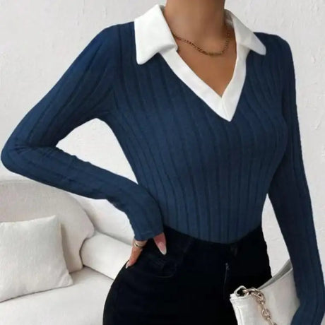 Ladies' Fashion Elegant Solid Color Long Sleeve Autumn Winter POLO Collar Fake Two Piece T-shirt Top Elegant Customization - Lootquake