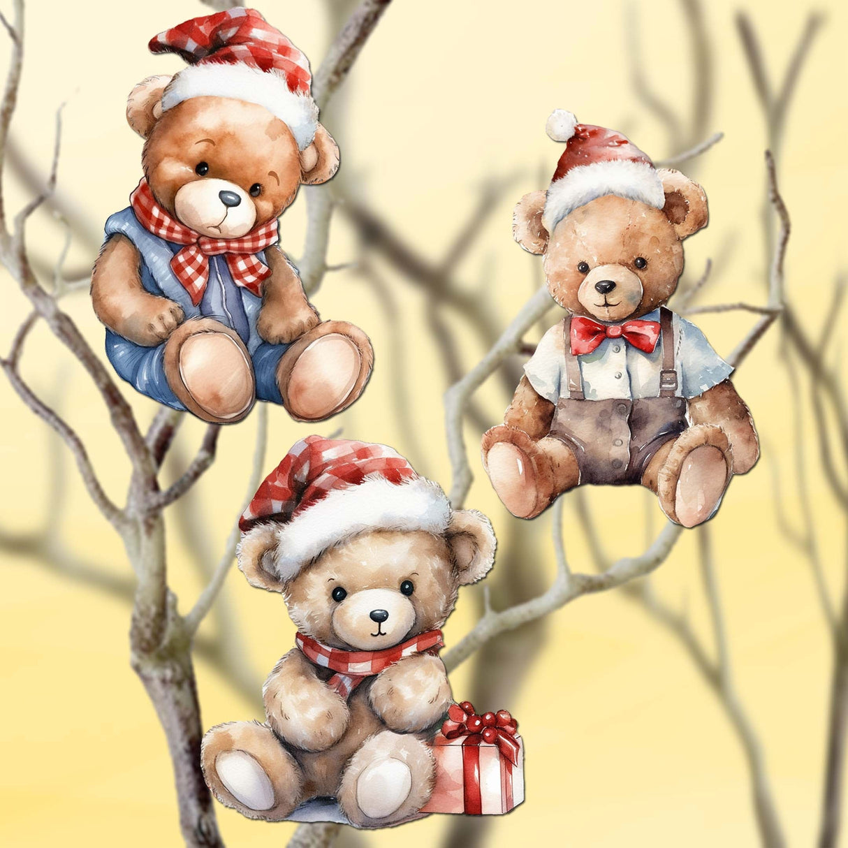Christmas Teddy Bear Decorative Wooden Clip-on Ornaments Set of 3 by G. Debrekht - Christmas Decor - 8091011C-S3