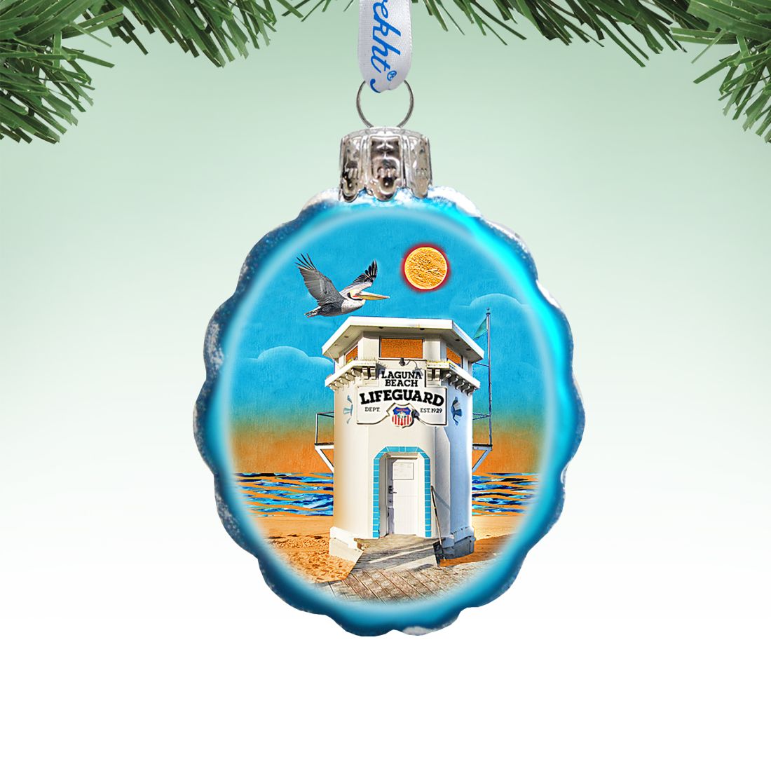 Adorno de cristal de mercurio de la Torre Laguna Beach de G. DeBrekht - Decoración navideña costera - 777557