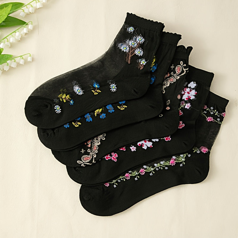10-Pack Floral Glass Silk Women's Socks - Breathable, Durable & Luxurious, Perfect for Everyday Elegance