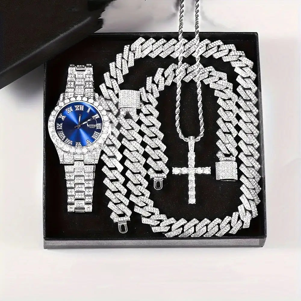 Diamond Luxury Steel Belt Quartz Watch Cuban Bracelet - Lootquake