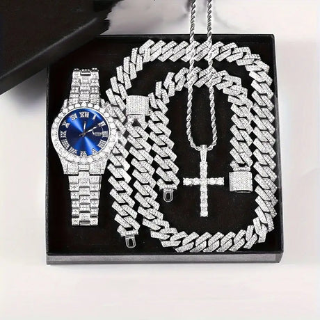 Diamond Luxury Steel Belt Quartz Watch Cuban Bracelet - Lootquake