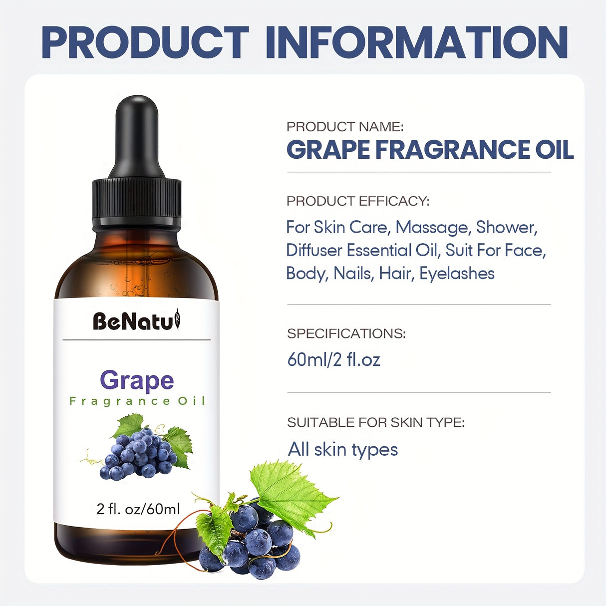 2.03oz Grape Fragrance Essential Oil - Fruity Scent, Aromatic Oil for Making Scented Candle Soap, Long-lasting Natural Essential Oil, Suitable for Diffusers, Humidifiers, DIY Candle Making, Women's Car Parts, A Gift for Women