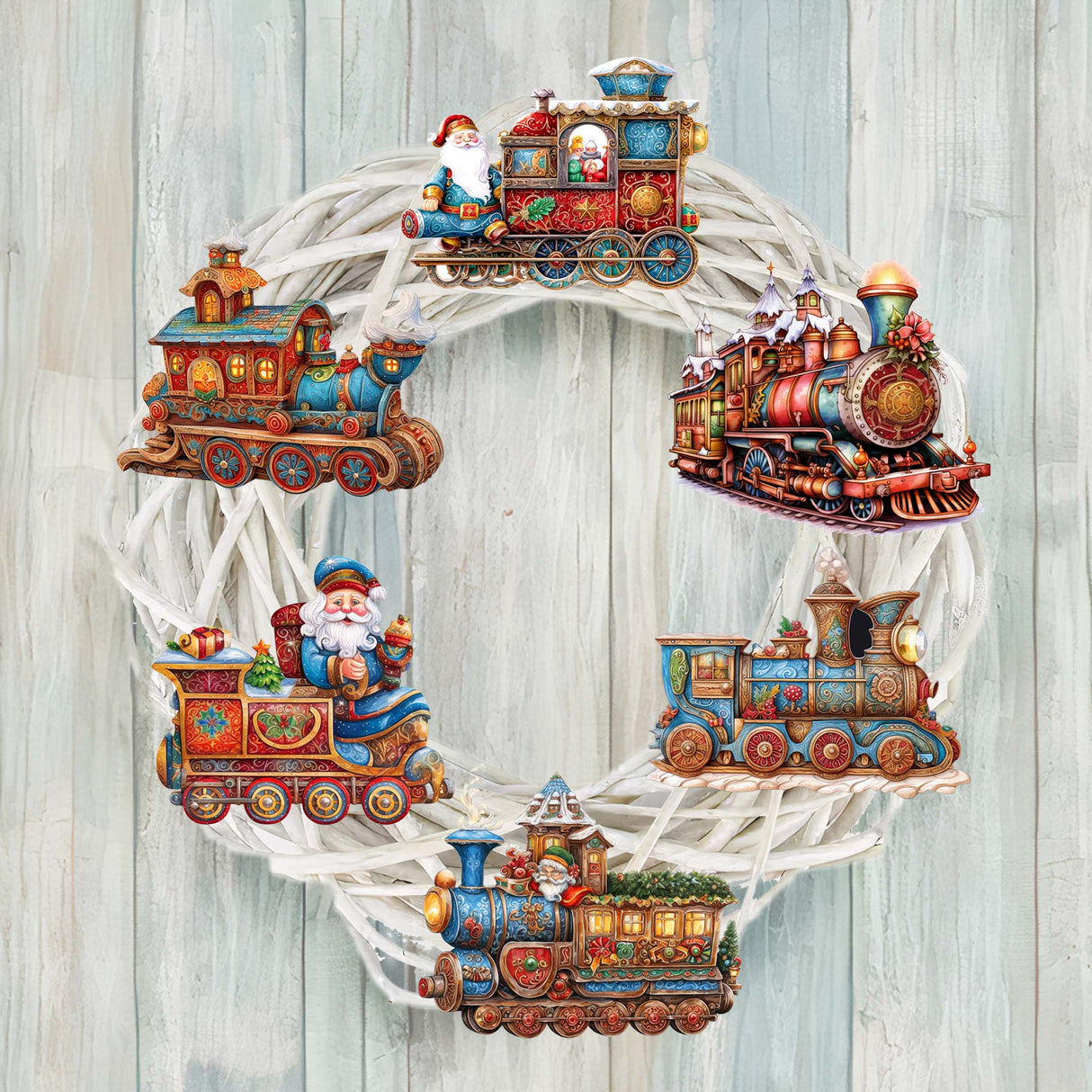 Tren navideño de Papá Noel: juego de 6 adornos decorativos de madera con clip, de G. Debrekht - Decoración navideña - 8090123C-S6