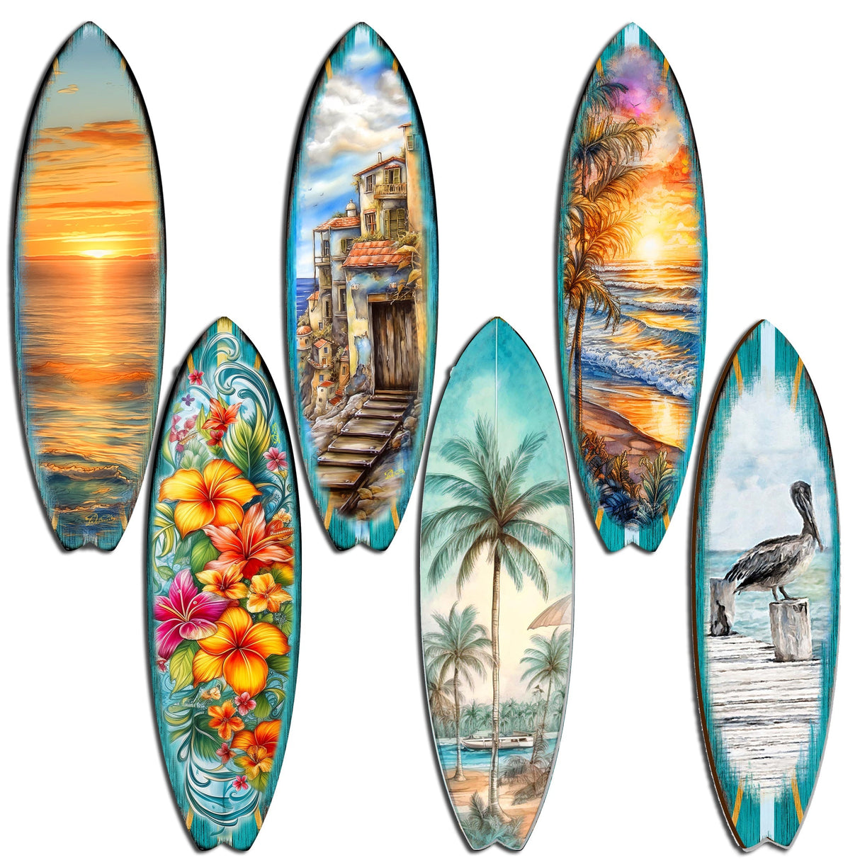 Juego de 6 imanes decorativos de madera con tablas de surf tropicales de G. Debrekht - Decoración costera - 8090069G-S6