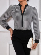 Ladies' New Striped V-neck Cuff Collar Color Block Splicing Fashion Shirt - Lootquake