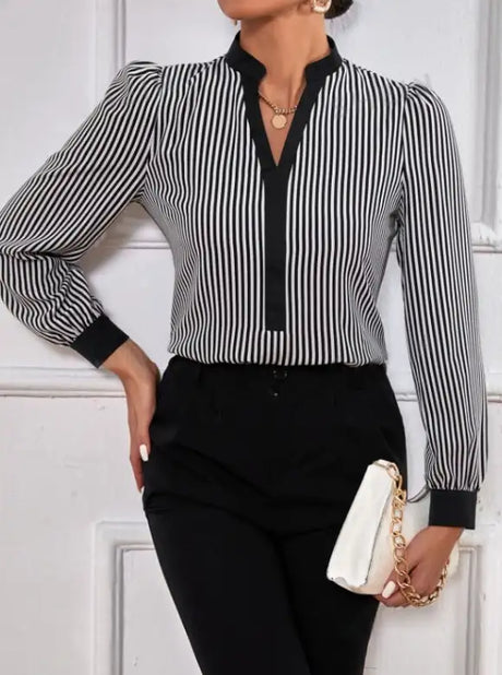 Ladies' New Striped V-neck Cuff Collar Color Block Splicing Fashion Shirt - Lootquake