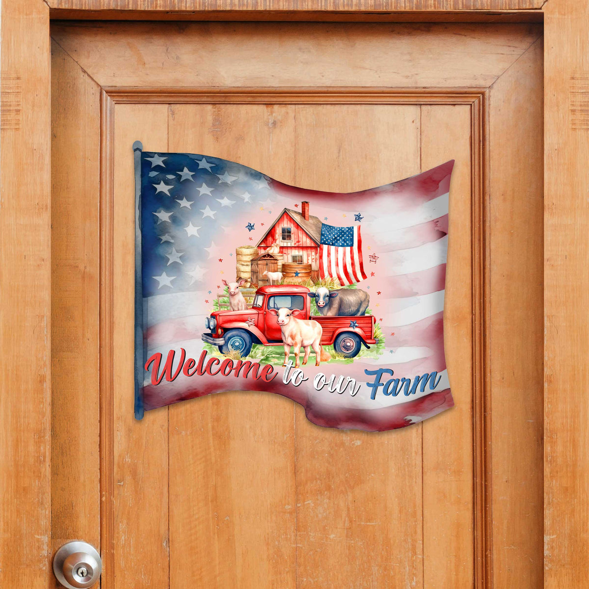 Front door welcome sign American flag Welcome to Our Farm Front porch Patriotic wreath Farm front entrance banner Welcome sign - Wooden front porch decor - 933107H