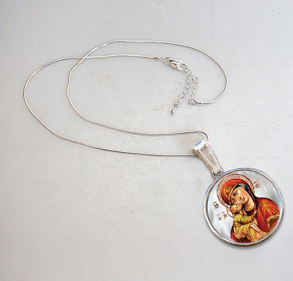 Holy Virgin Mary Vladimir Silver Plated Mother of Pearl Necklace Jewelry - 43011