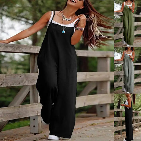 Women's Sleeveless Jumpsuit With Pockets And Adjustable Shoulder Strap Fashion Loose Wide Leg Straight Overalls Summer Beach Trousers - Lootquake
