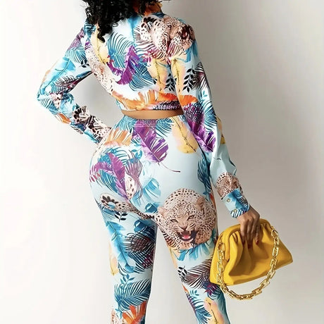 Women's Plant Animal Print Long Sleeved Lace Up Top And Slim Fit Pants Two-piece Pants Set - Lootquake